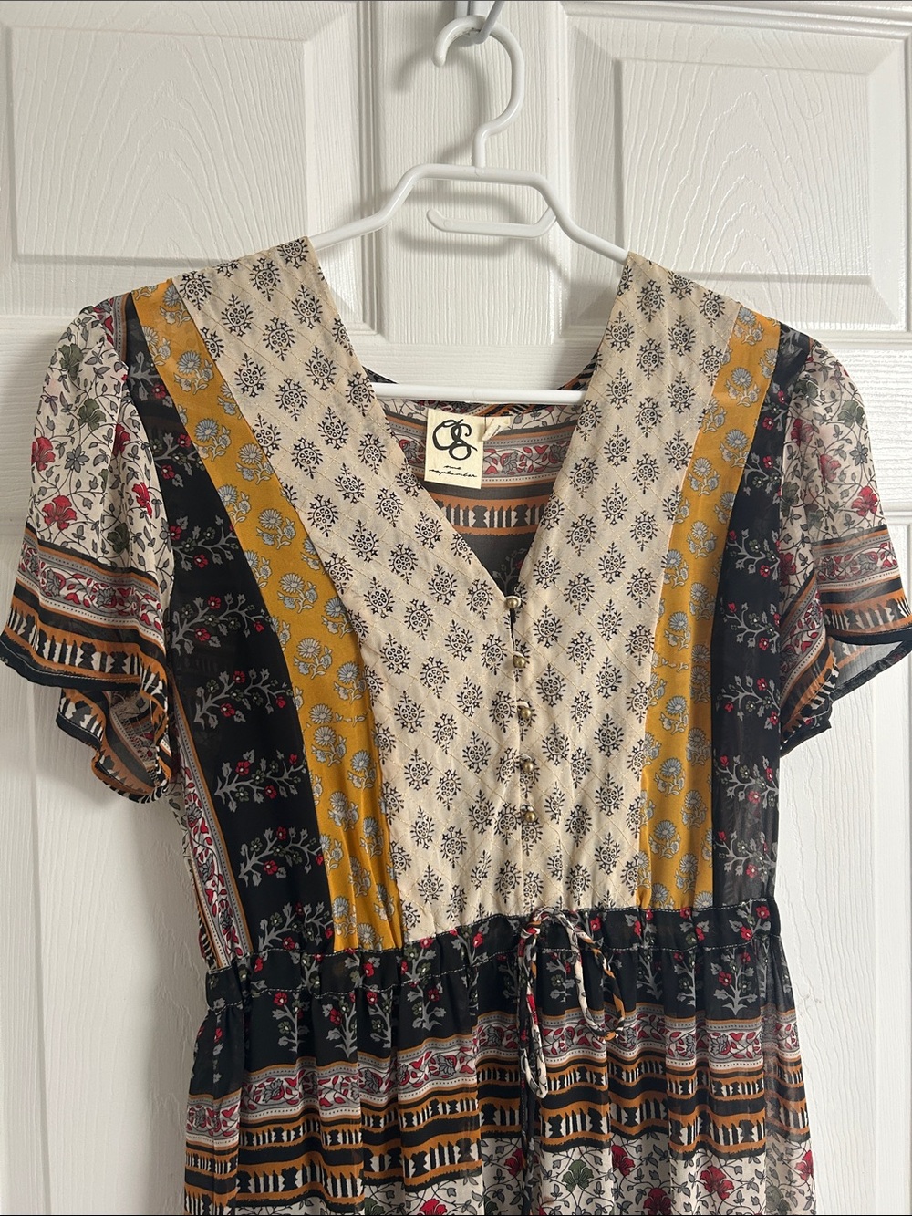 Anthropologie Boho Floral V-Neck Women’s Top in Mustard, Black & Cream